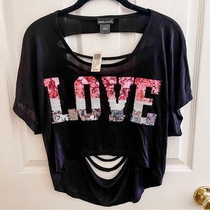 Sequined LOVE high-low Crop Top
